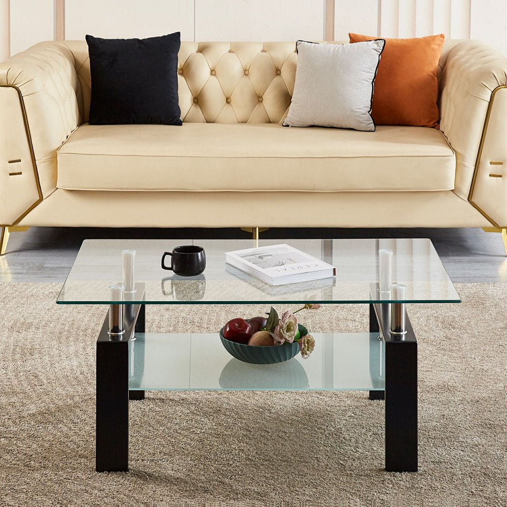 39" Clear and Black Glass and Steel Coffee Table With Shelf