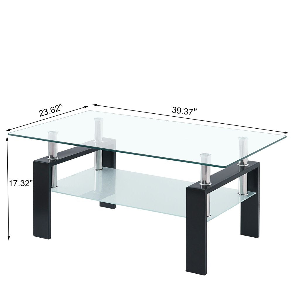 39" Clear and Black Glass and Steel Coffee Table With Shelf