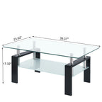 39" Clear and Black Glass and Steel Coffee Table With Shelf