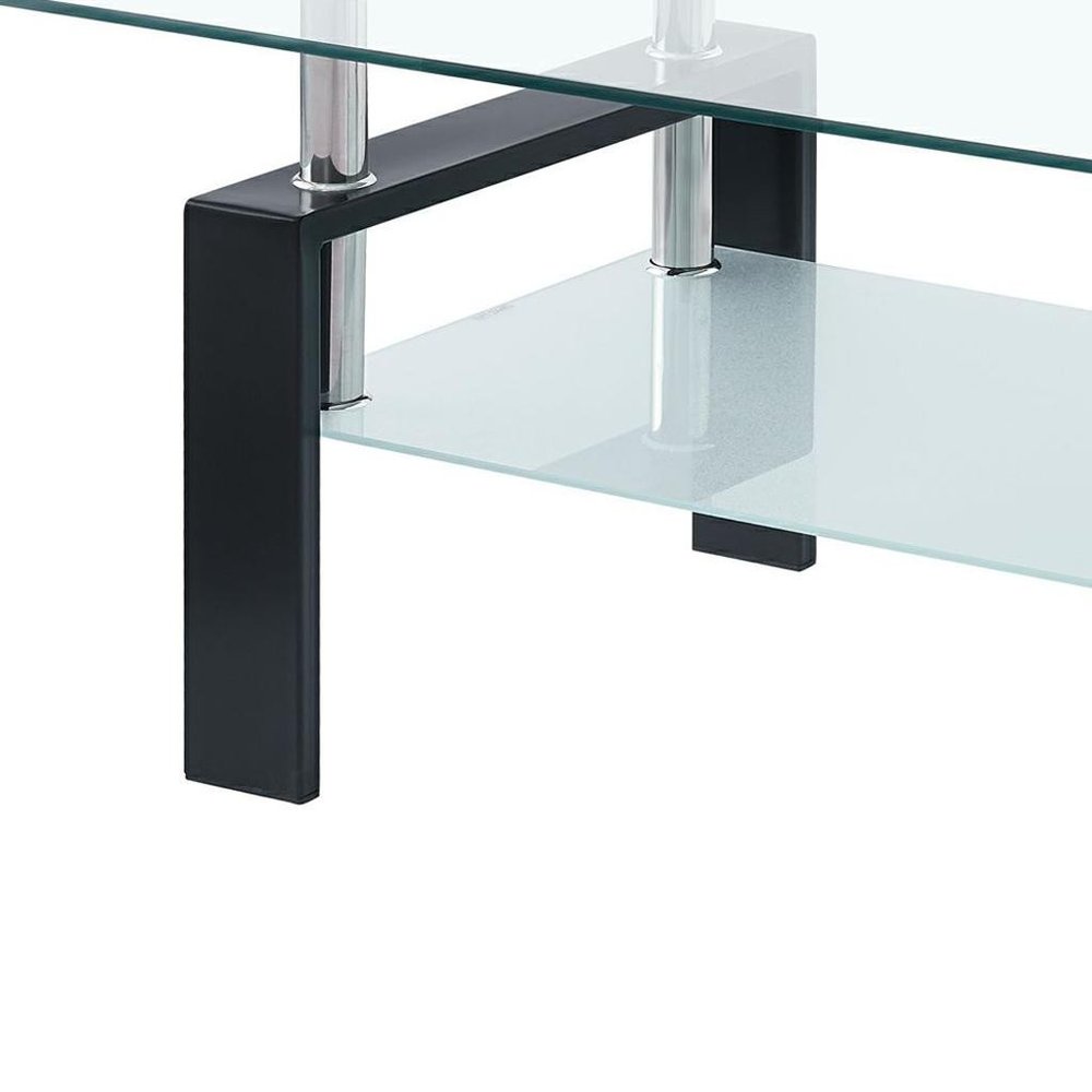 39" Clear and Black Glass and Steel Coffee Table With Shelf