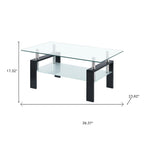 39" Clear and Black Glass and Steel Coffee Table With Shelf