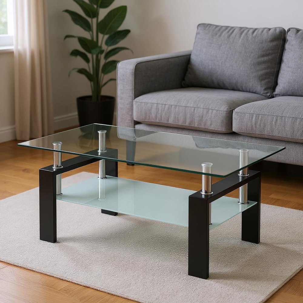 39" Clear and Black Glass and Steel Coffee Table With Shelf