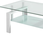 39" Clear and White Glass and Steel Coffee Table With Shelf