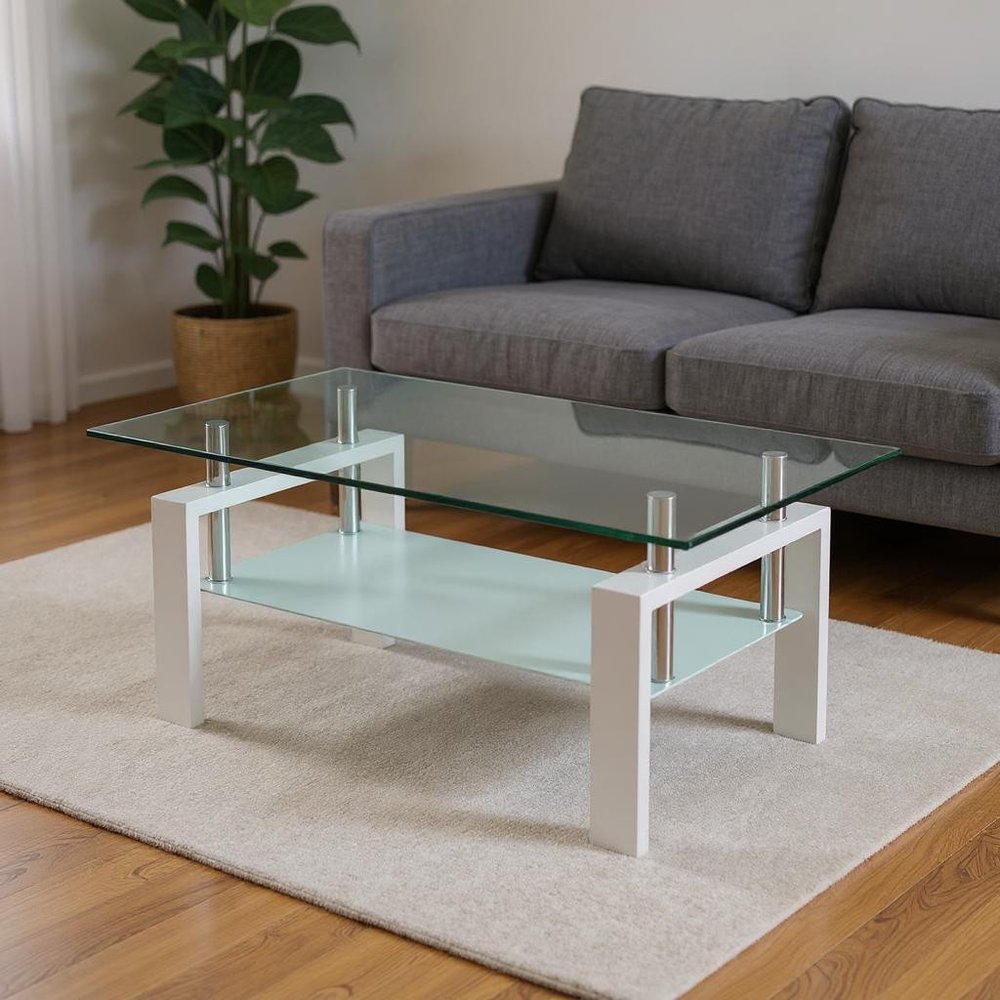 39" Clear and White Glass and Steel Coffee Table With Shelf