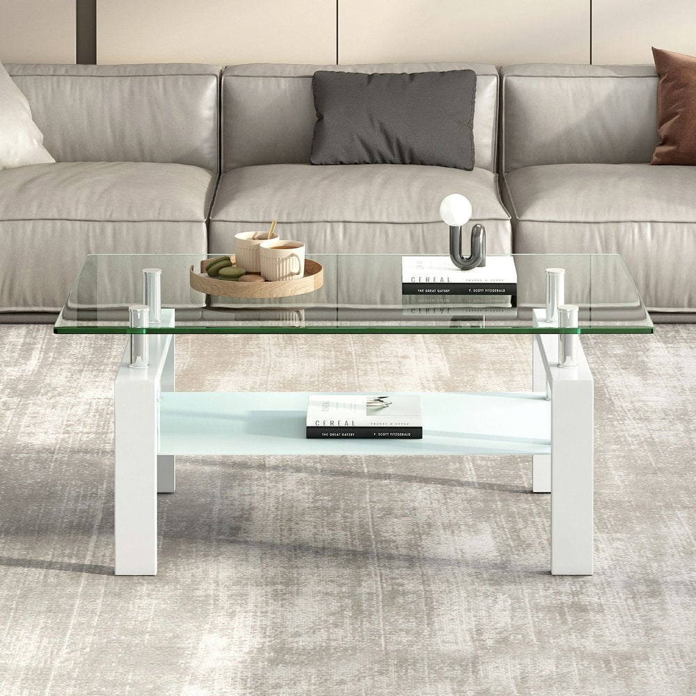 39" Clear and White Glass and Steel Coffee Table With Shelf