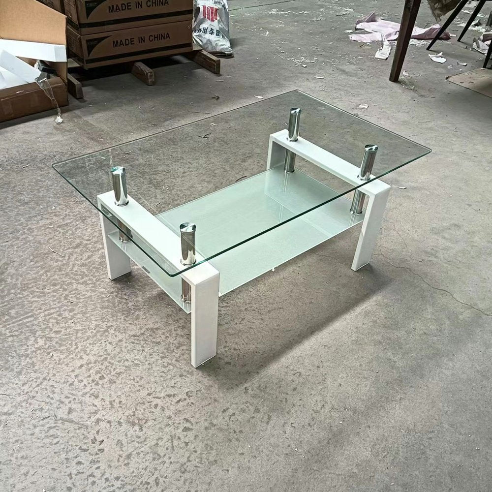 39" Clear and White Glass and Steel Coffee Table With Shelf