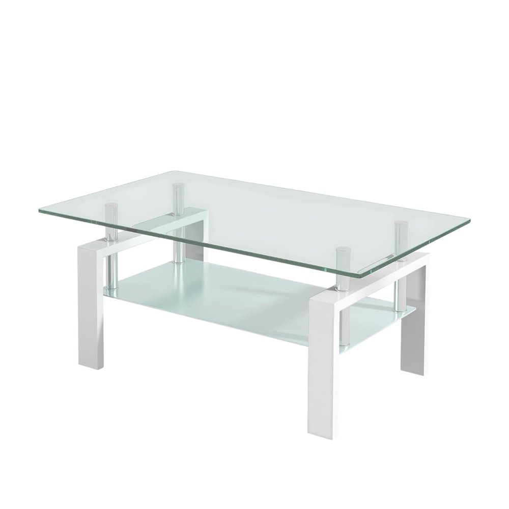 39" Clear and White Glass and Steel Coffee Table With Shelf
