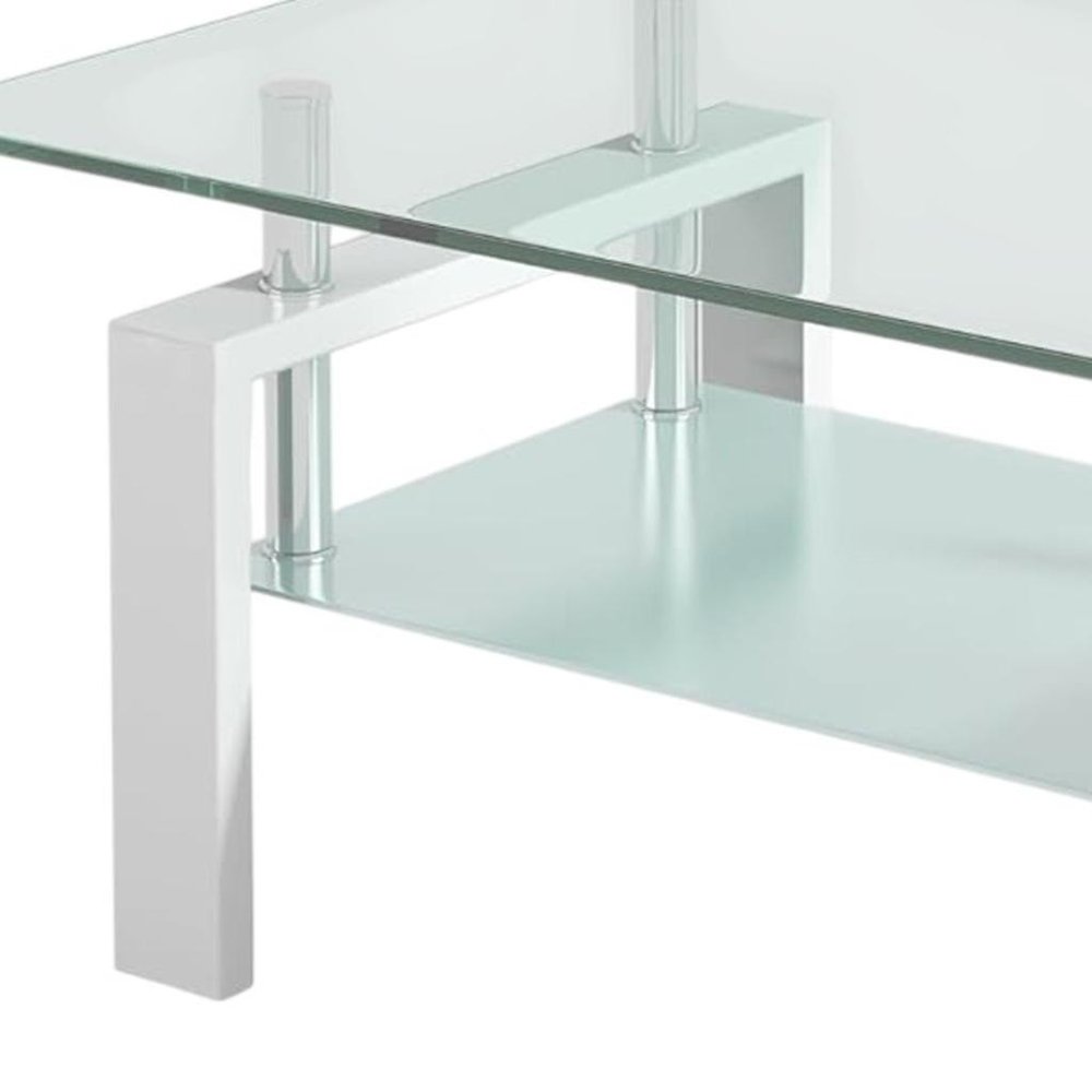 39" Clear and White Glass and Steel Coffee Table With Shelf