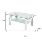 39" Clear and White Glass and Steel Coffee Table With Shelf