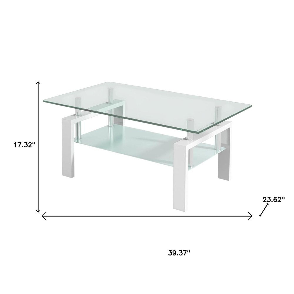 39" Clear and White Glass and Steel Coffee Table With Shelf