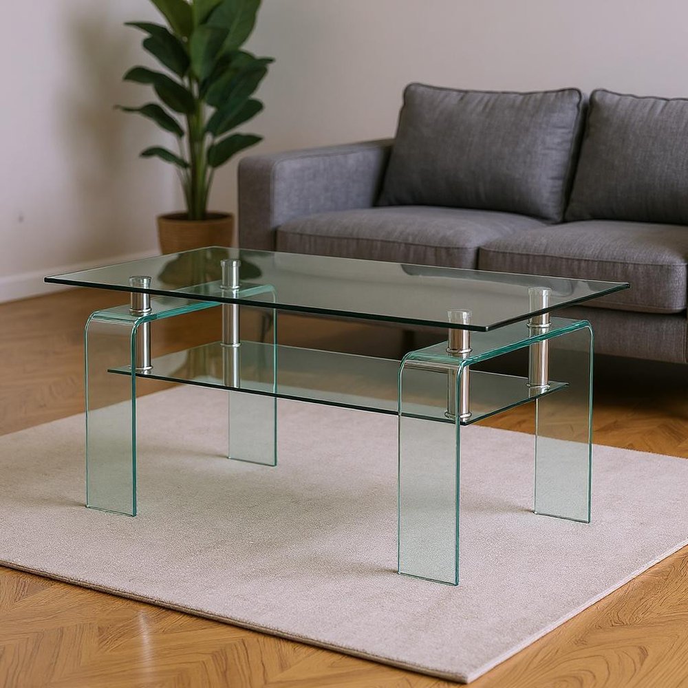 39" Clear Glass Coffee Table With Shelf