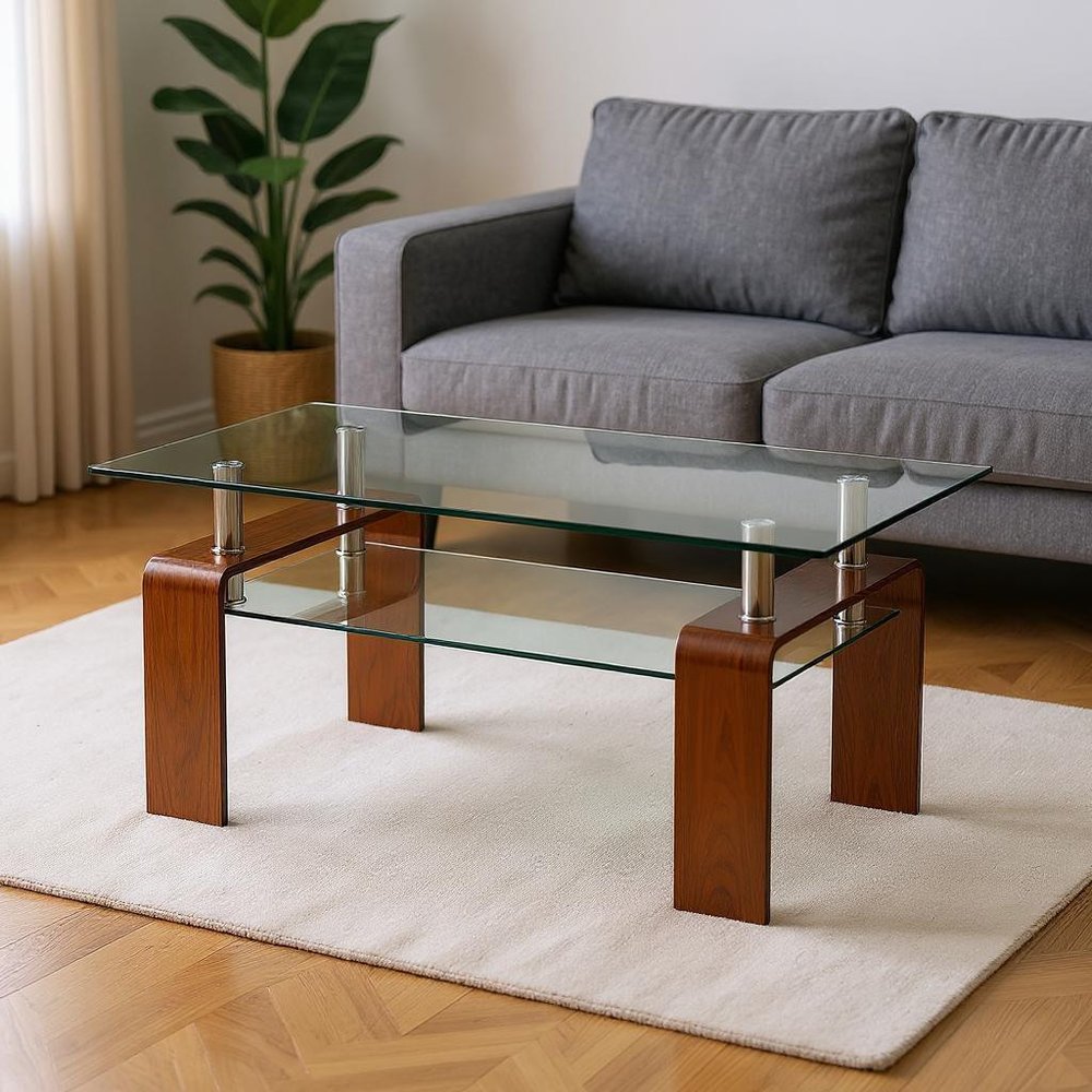 39" Clear and Brown Glass Coffee Table With Shelf