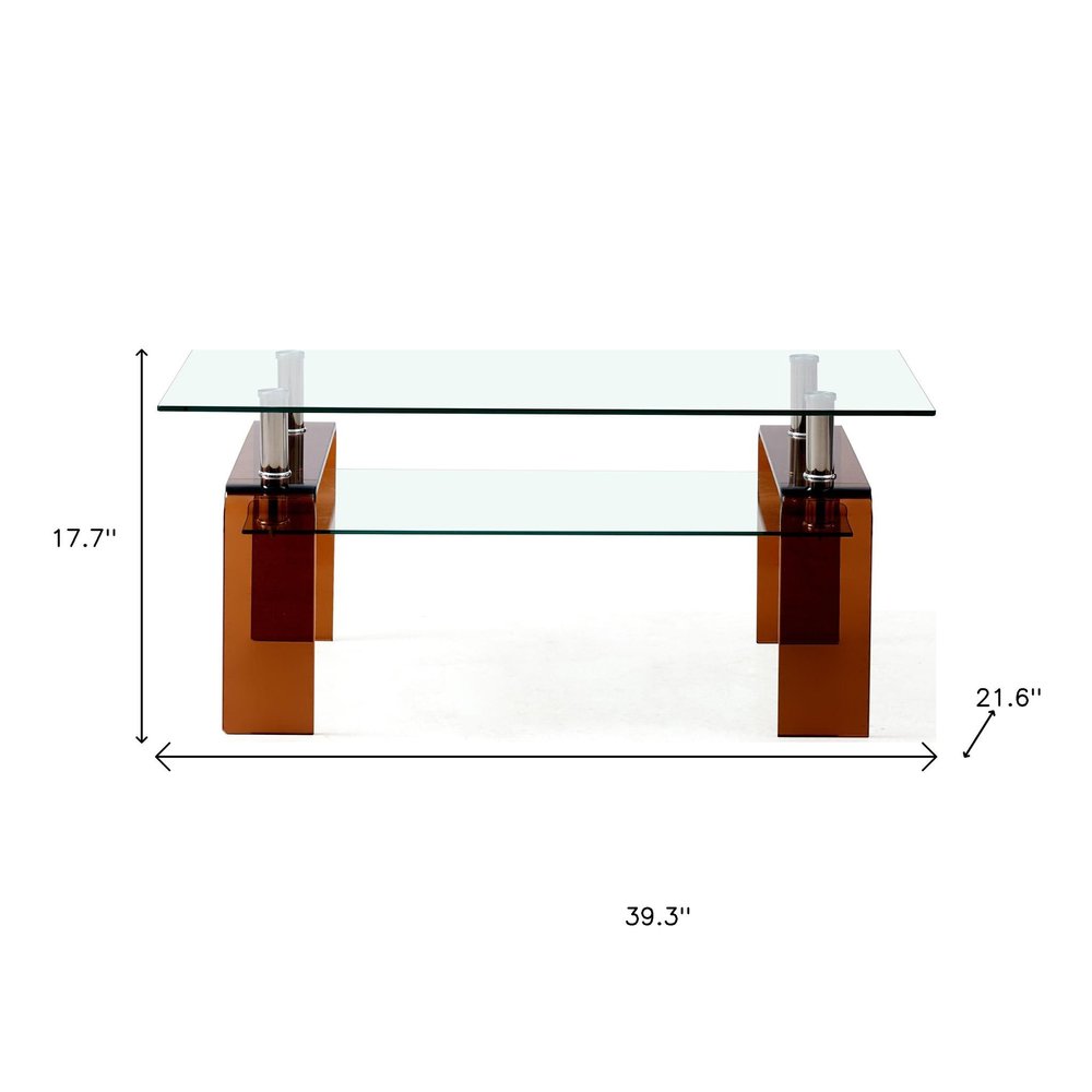 39" Clear and Brown Glass Coffee Table With Shelf