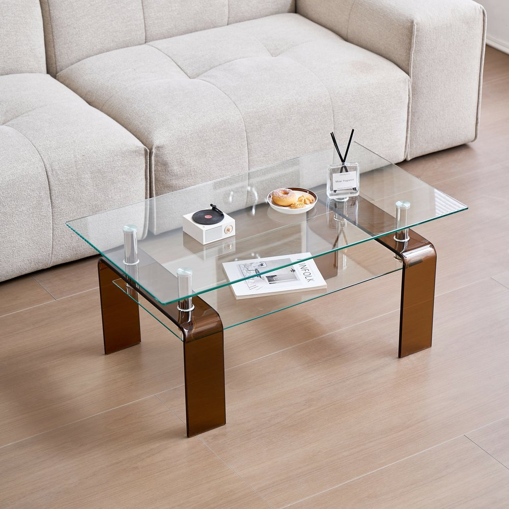 39" Clear and Brown Glass Coffee Table With Shelf
