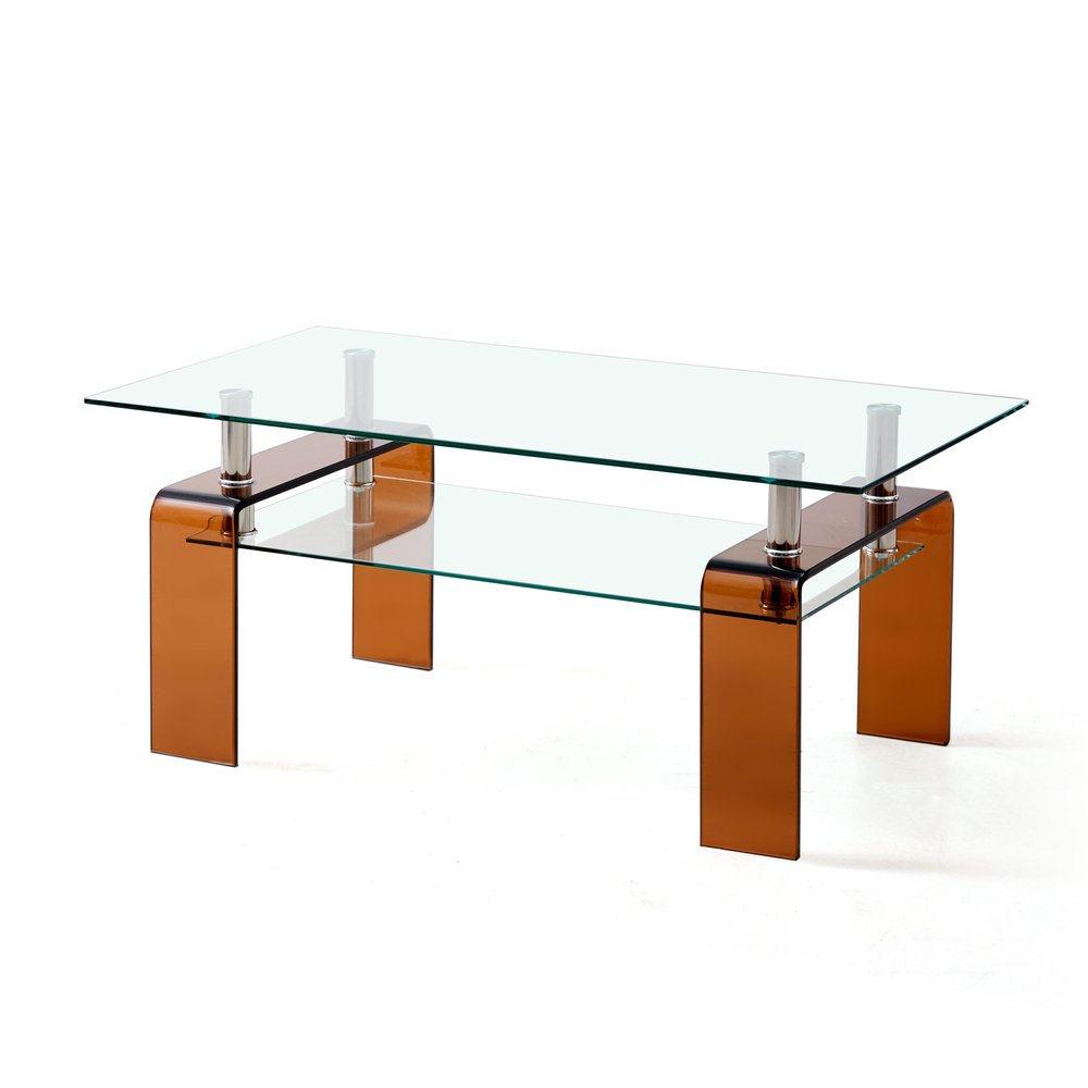 39" Clear and Brown Glass Coffee Table With Shelf