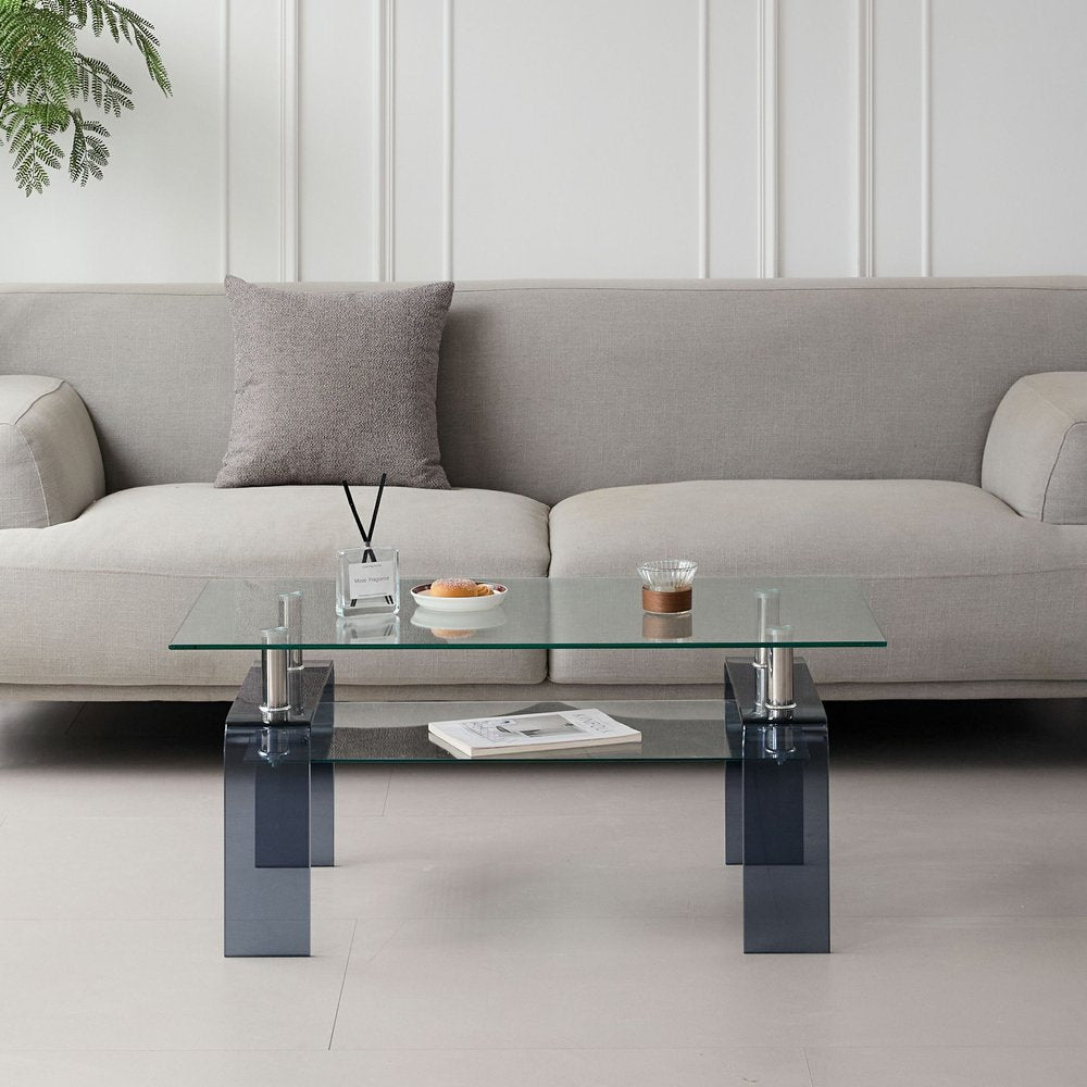 39" Clear and Black Glass Coffee Table With Shelf