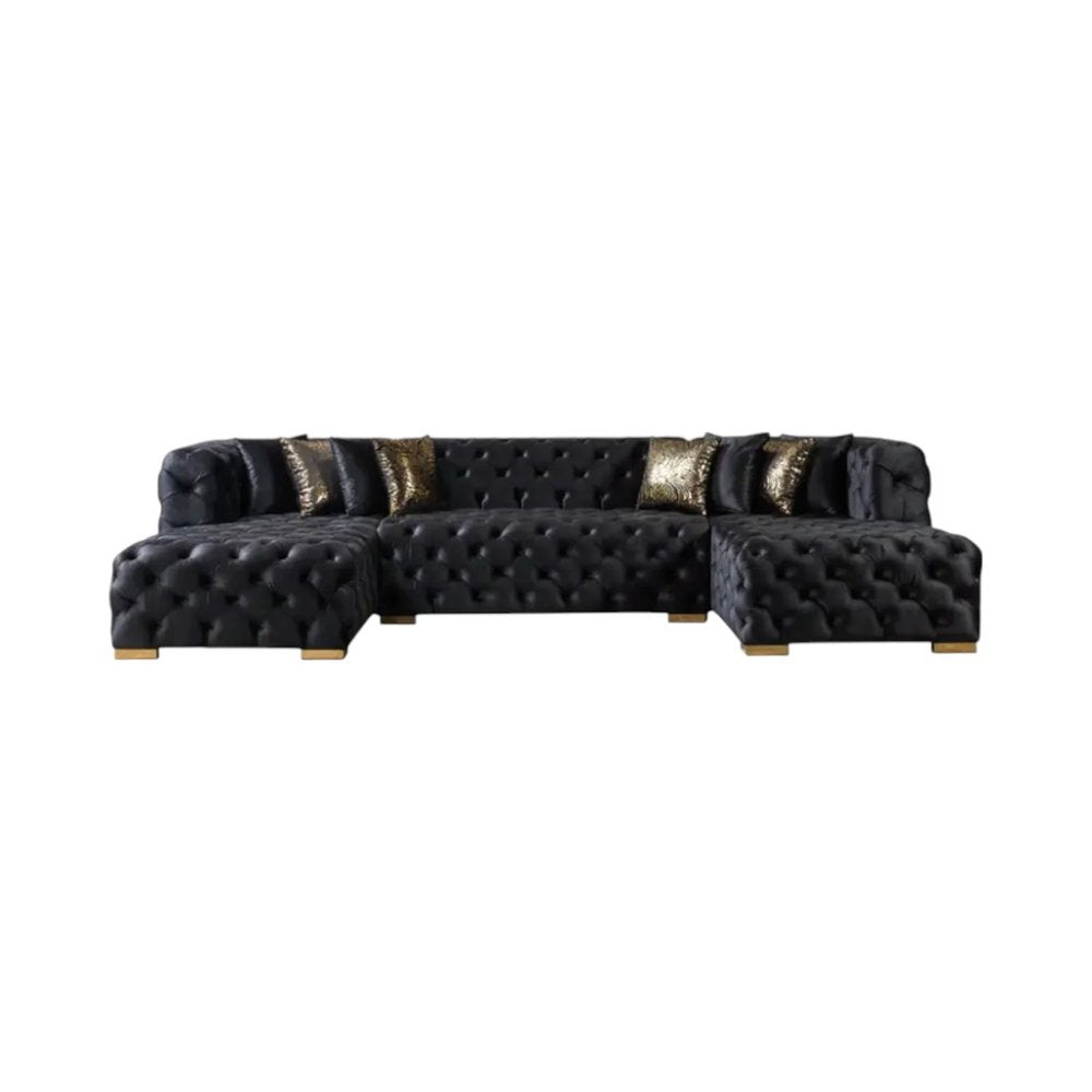 Tufted Black Velvet Modular U Shaped Sofa and Chaise Sectional With Toss Pillows