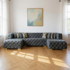 Tufted Gray Velvet Modular U Shaped Sofa and Chaise Sectional With Toss Pillows
