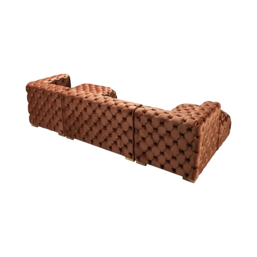 Tufted Orange Velvet Modular U Shaped Sofa and Chaise Sectional With Toss Pillows