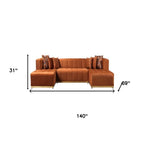 Orange Velvet U Shaped Three Piece Sofa and Chaise Sectional With Toss Pillows