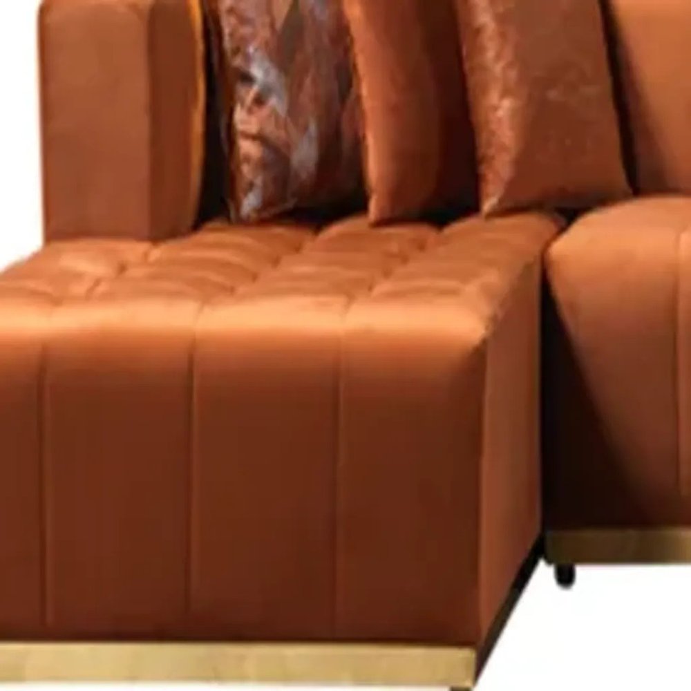 Orange Velvet U Shaped Three Piece Sofa and Chaise Sectional With Toss Pillows
