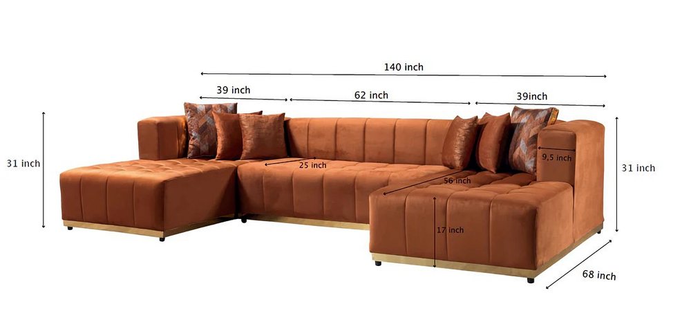 Black Velvet U Shaped Three Piece Sofa and Chaise Sectional With Toss Pillows
