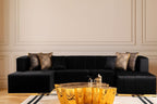 Black Velvet U Shaped Three Piece Sofa and Chaise Sectional With Toss Pillows