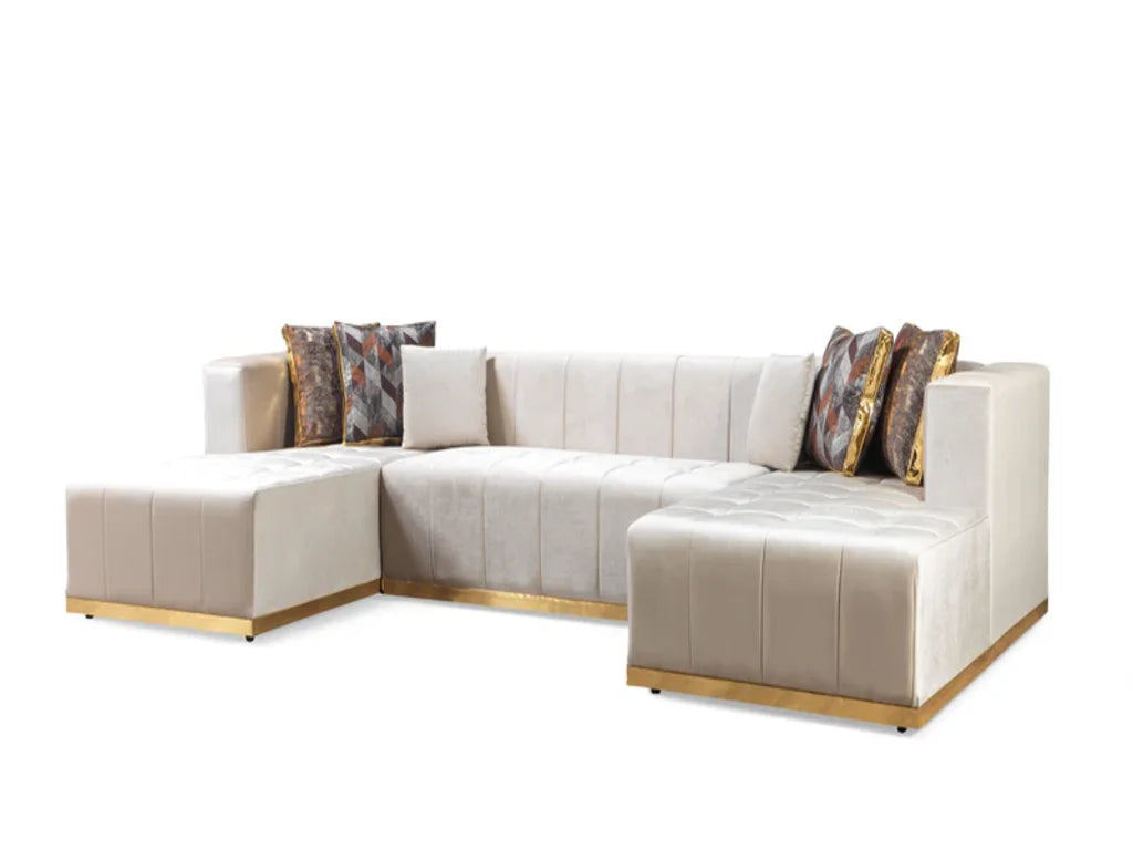 Ivory Velvet U Shaped Three Piece Sofa and Chaise Sectional With Toss Pillows