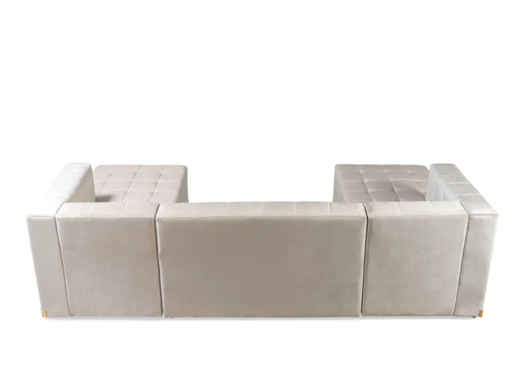 Ivory Velvet U Shaped Three Piece Sofa and Chaise Sectional With Toss Pillows