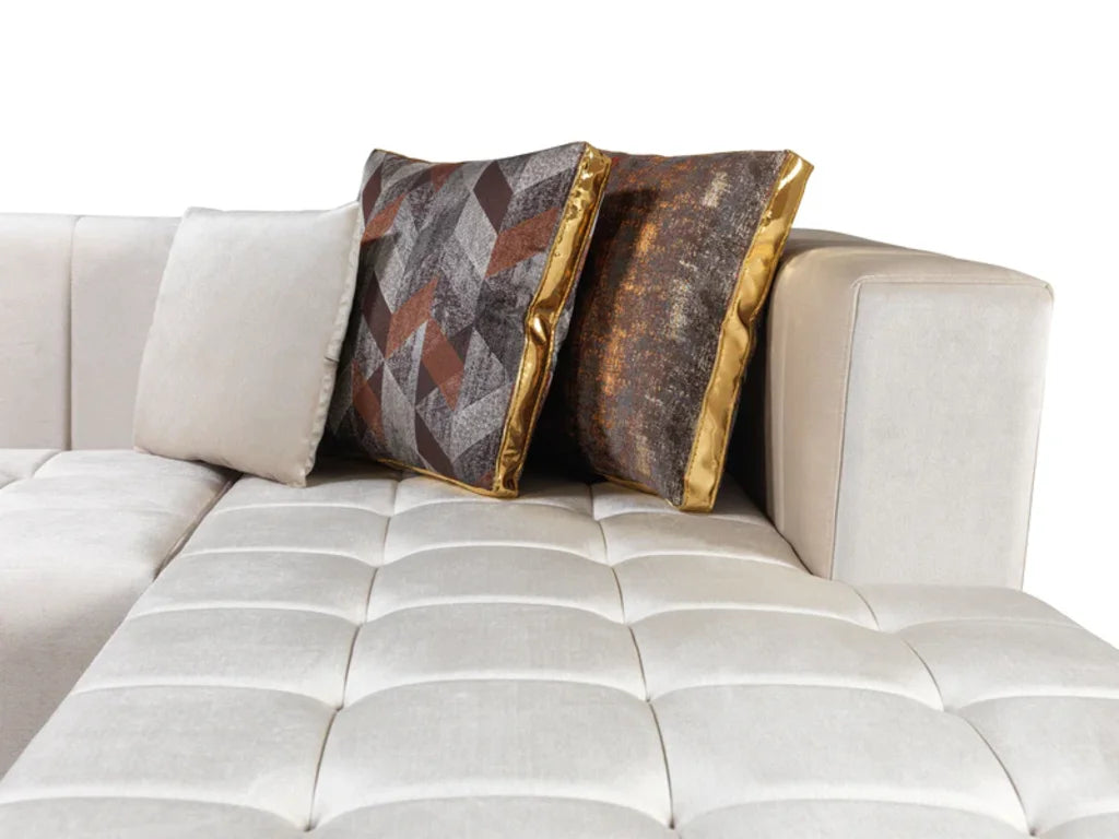 Ivory Velvet U Shaped Three Piece Sofa and Chaise Sectional With Toss Pillows