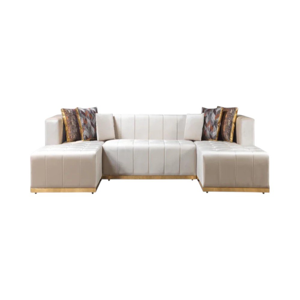 Ivory Velvet U Shaped Three Piece Sofa and Chaise Sectional With Toss Pillows