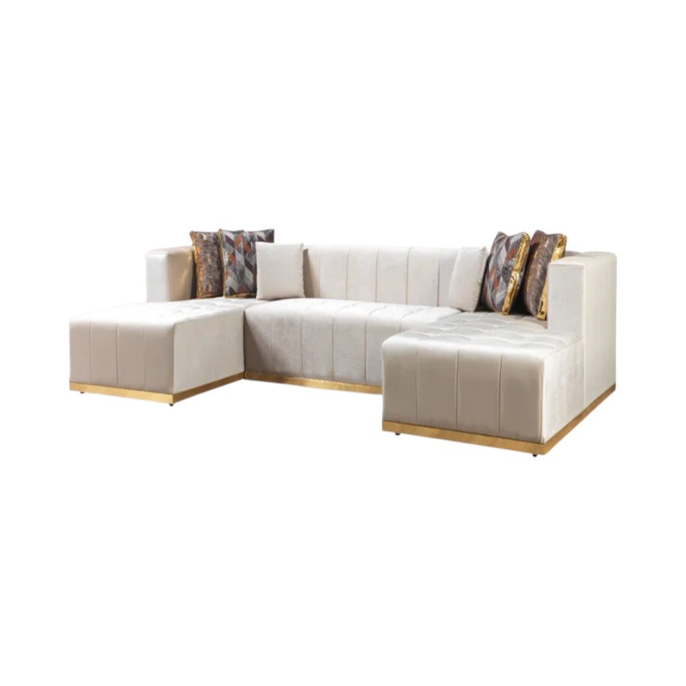 Ivory Velvet U Shaped Three Piece Sofa and Chaise Sectional With Toss Pillows
