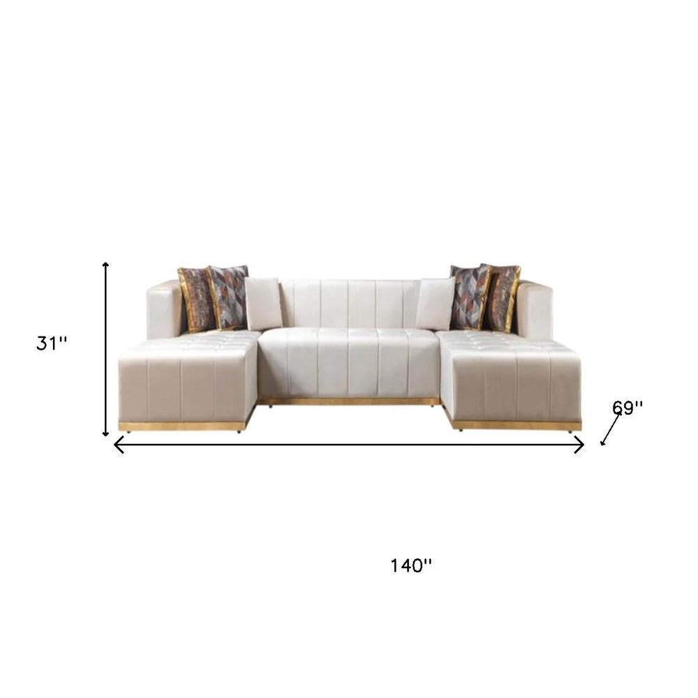 Ivory Velvet U Shaped Three Piece Sofa and Chaise Sectional With Toss Pillows