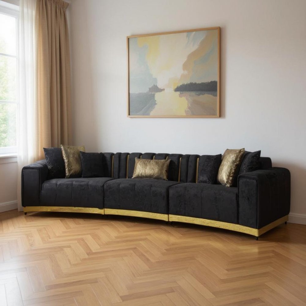 Black Velvet Curved Three Piece Sectional With Toss Pillows
