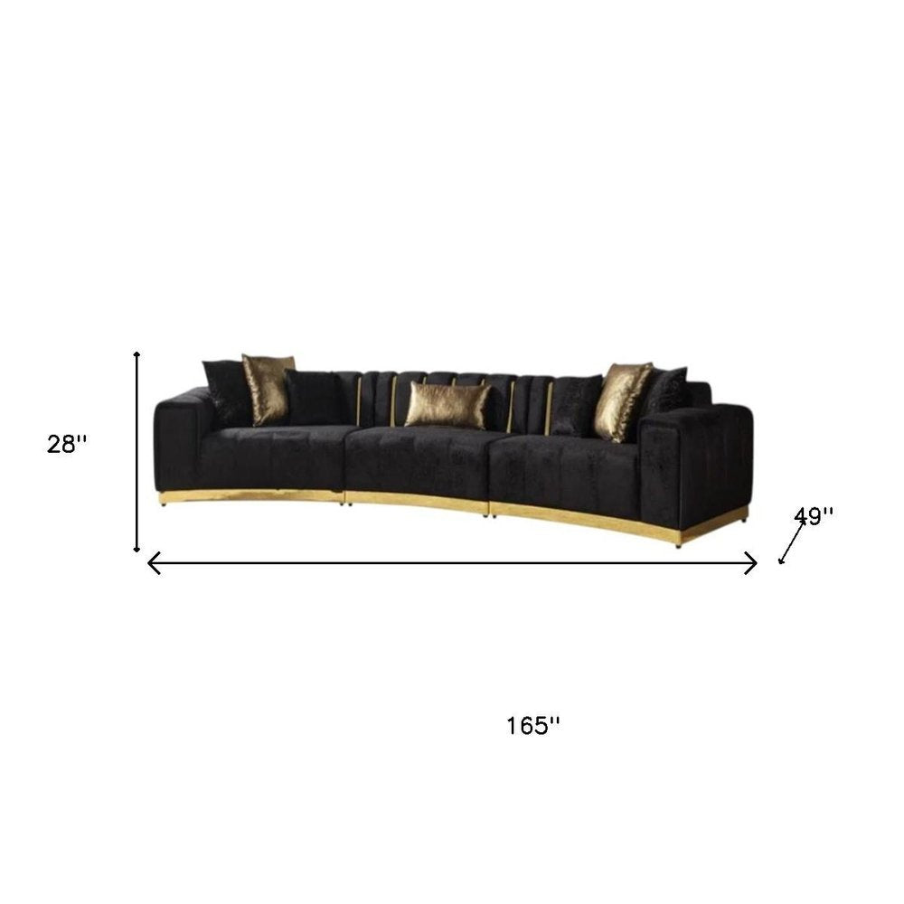 Black Velvet Curved Three Piece Sectional With Toss Pillows
