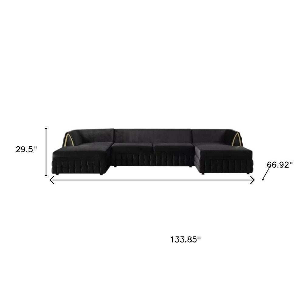Black Velvet U Shaped Sofa and Chaise Sectional With Toss Pillows