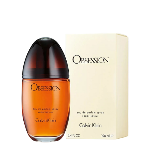 Calvin Klein Obsession perfume bottle and packaging on a light gray background