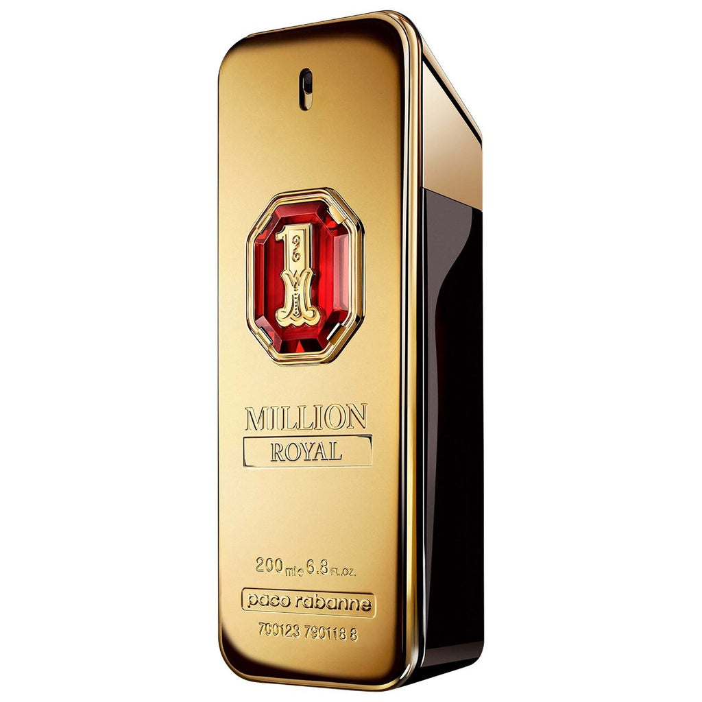 Gold perfume bottle with red gemstone label on a white background