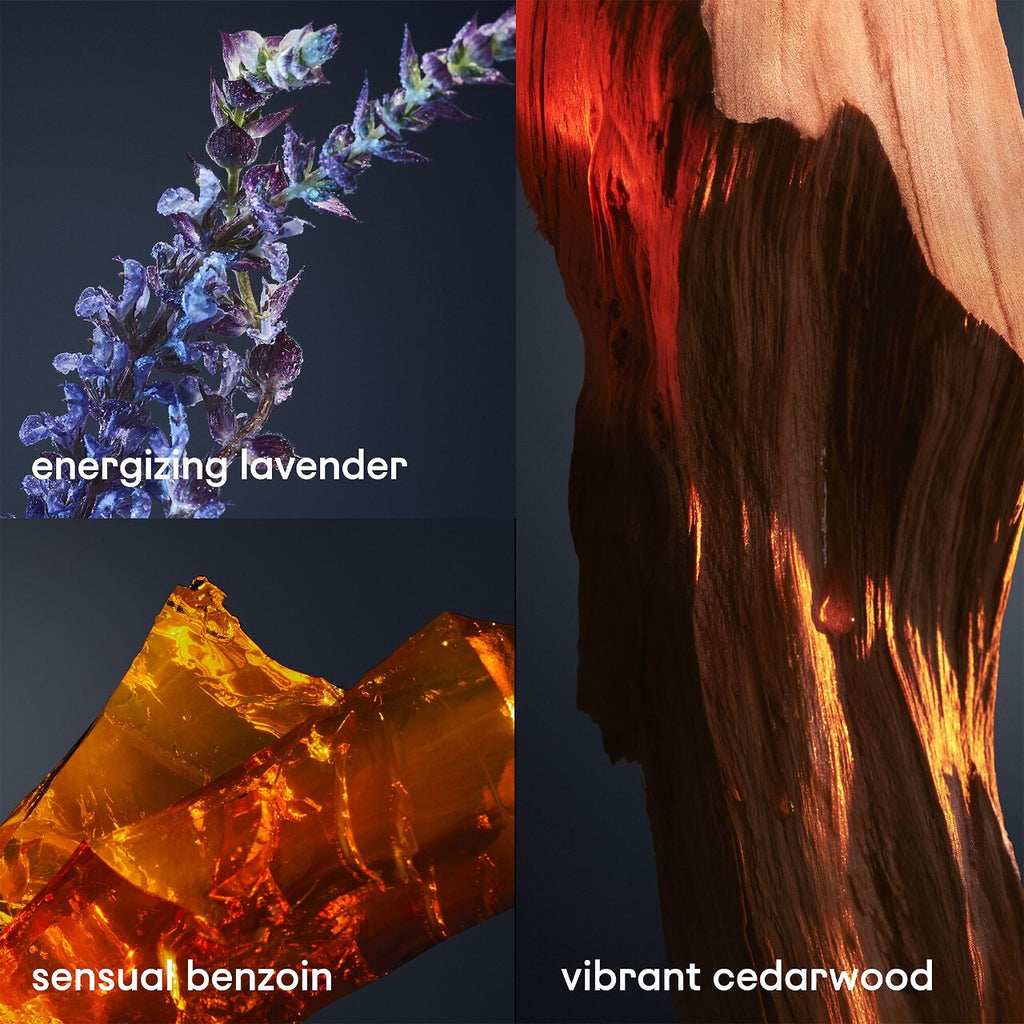 Collage of four images with different textures and colors, labeled 'energizante lavanda', 'sensual benjui', 'vibrante madera de cedro'.