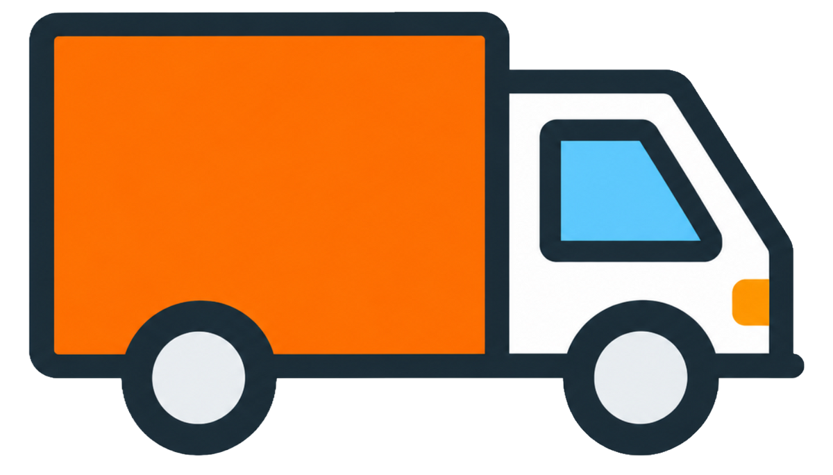 A flat vector-style illustration of a delivery truck with a large orange cargo box, a white cab, a light blue window, and dark outlines on a plain white background.